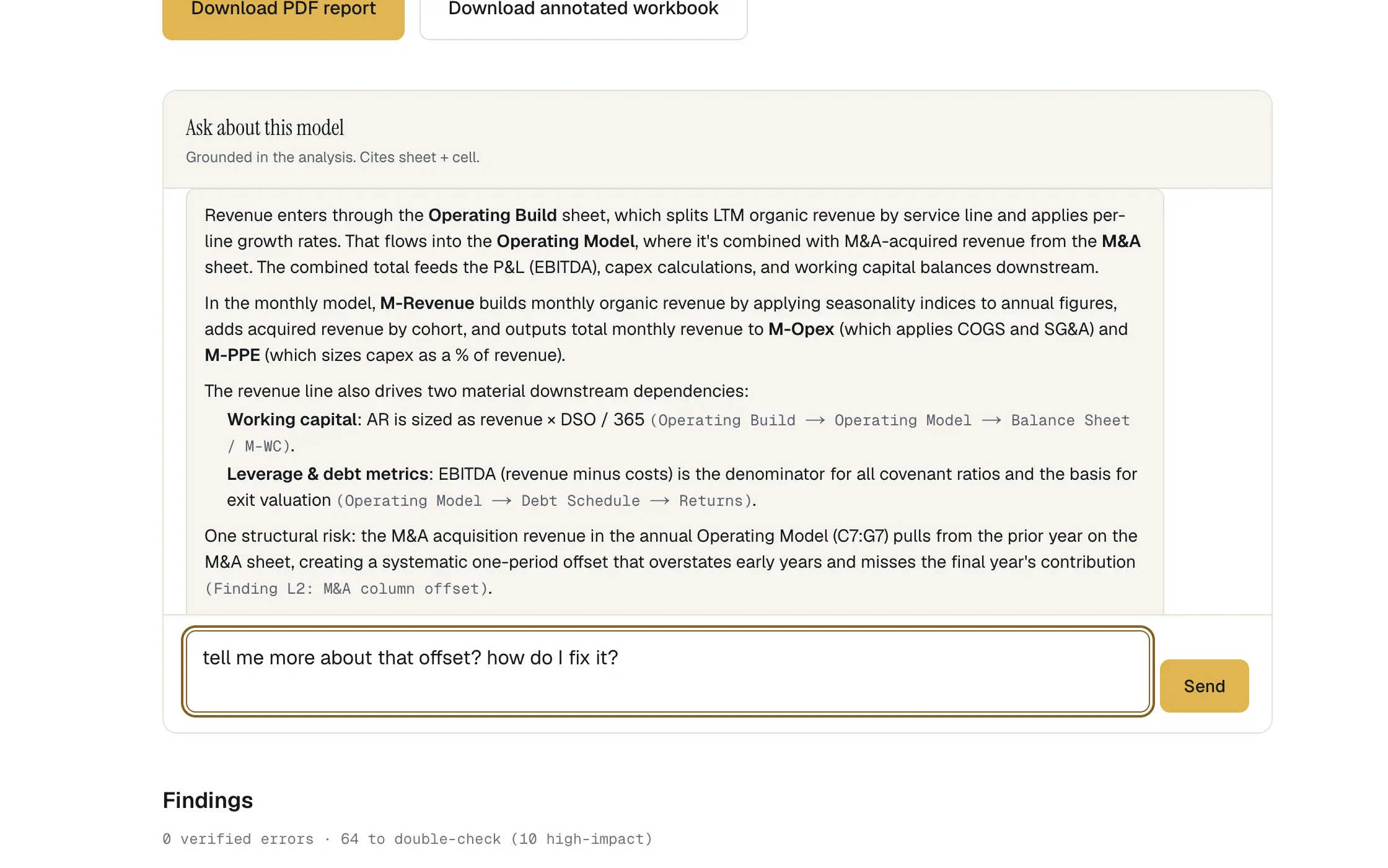 Chat answering a plain-English question about the model, citing the sheet and cell the answer came from