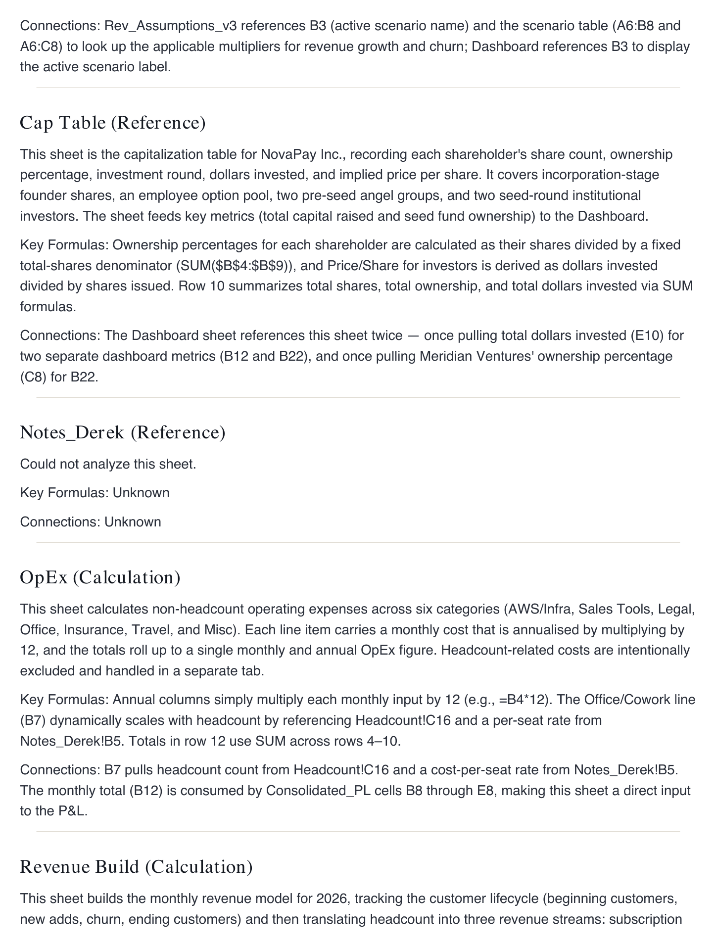 Sheet documentation with plain-English explanations of what each sheet does, its key formulas, and its connections